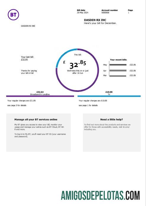 realista Modelo de conta de serviços públicos de telecomunicações BT do Reino Unido em formatos Word e PDF, versão 2